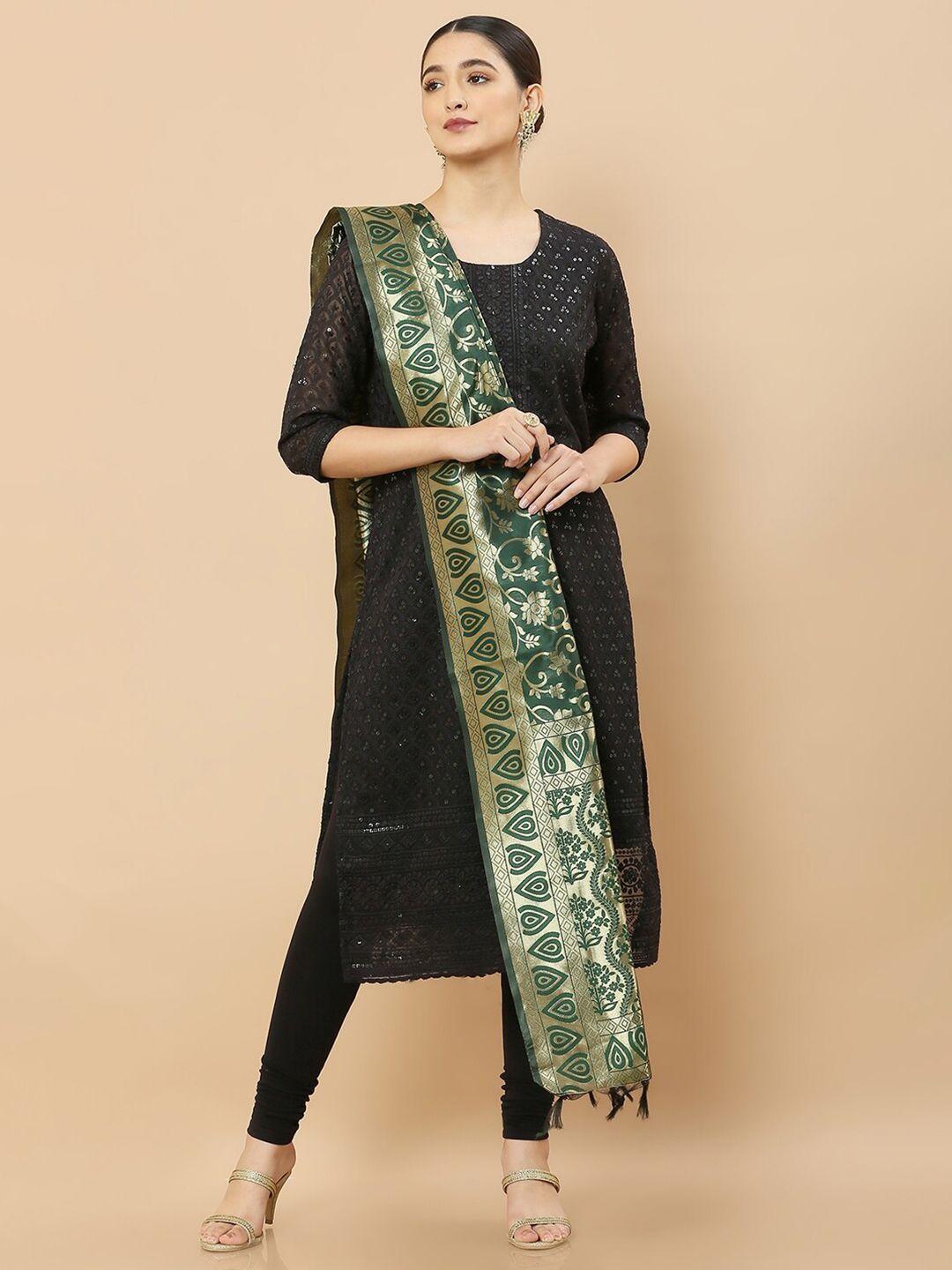 soch women green & gold-toned woven design dupatta with zari