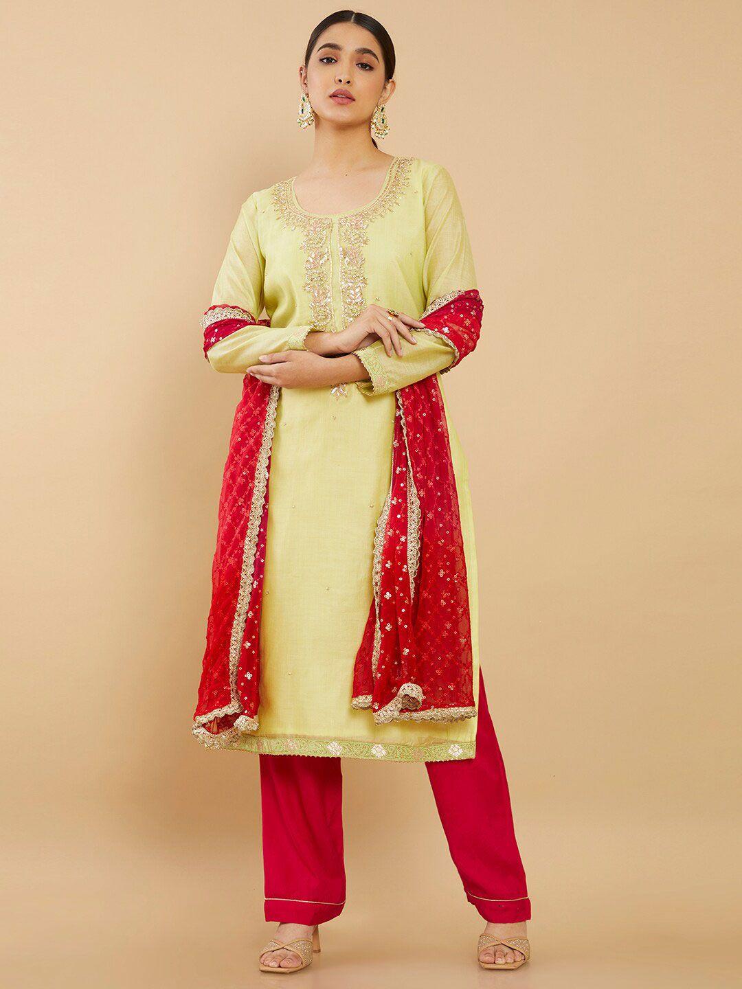 soch women green & red embroidered pure silk unstitched dress material