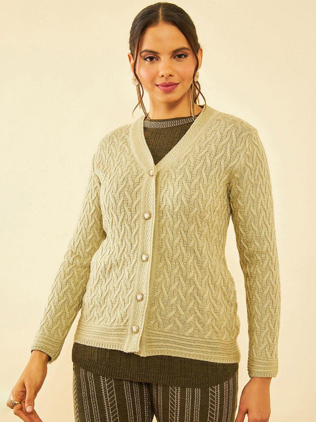 soch women green cable knit cardigan
