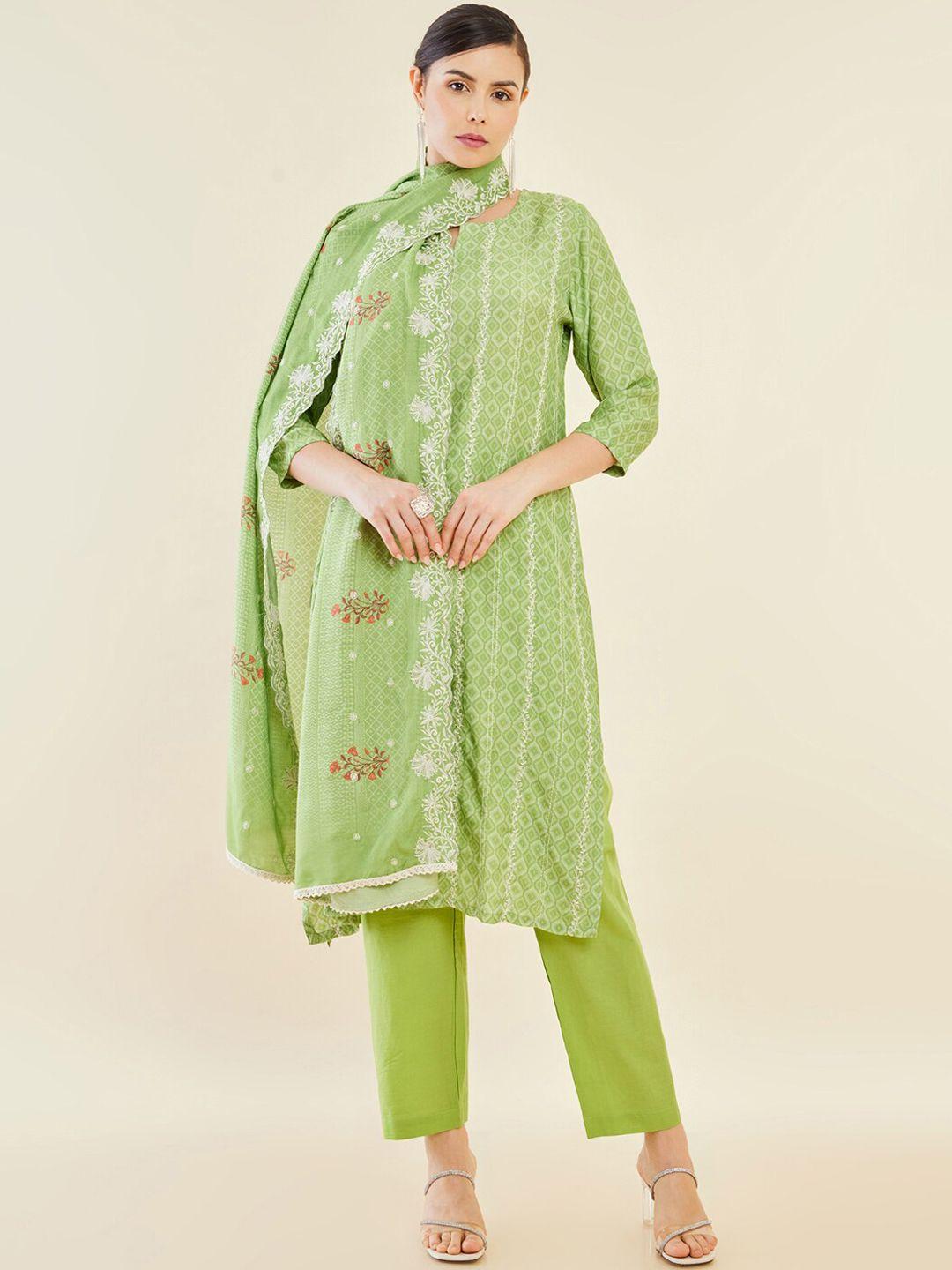 soch women green ethnic motifs printed regular thread work kurta with trousers & with dupatta