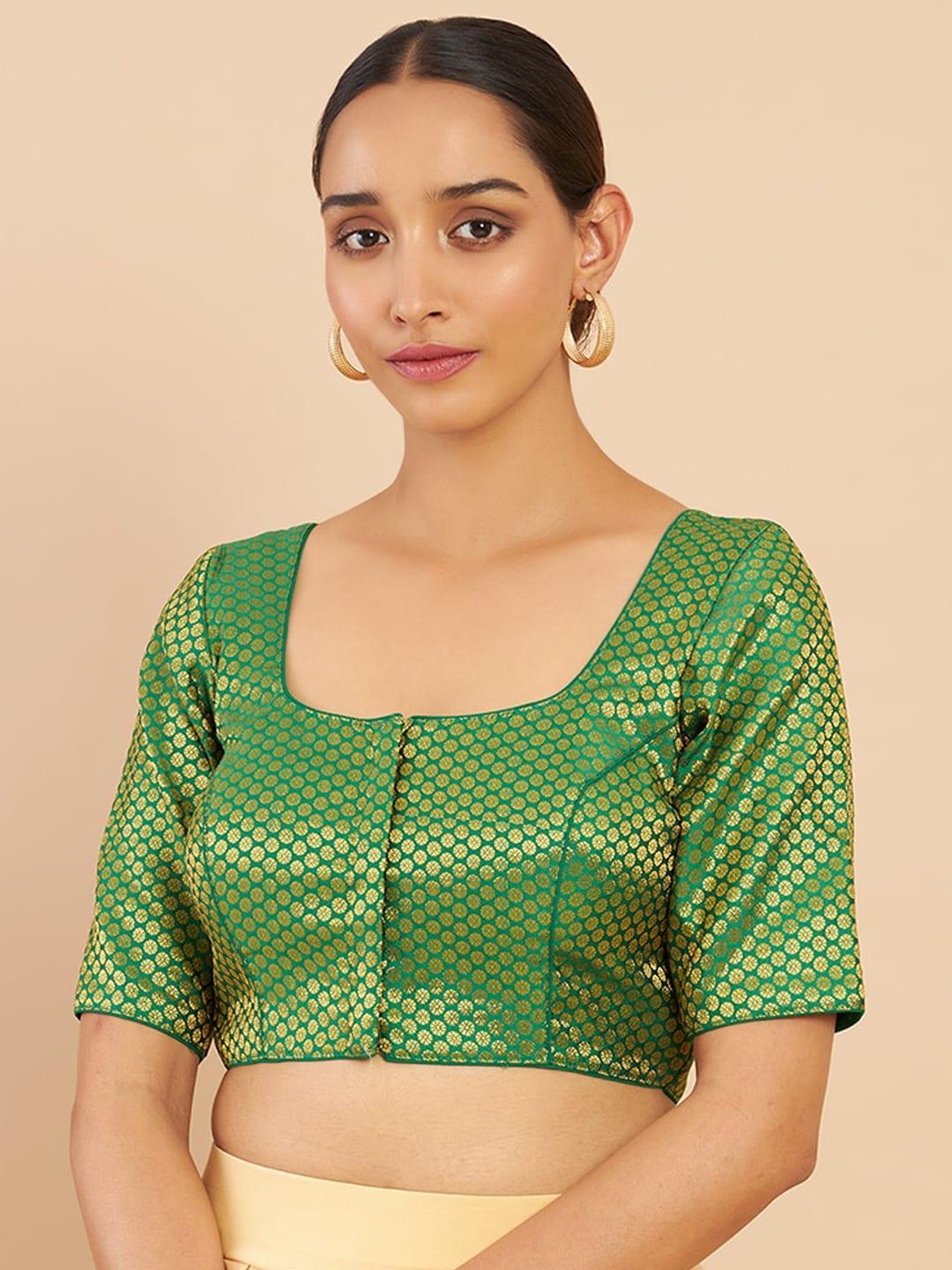 soch women green woven-design art silk brocade blouse