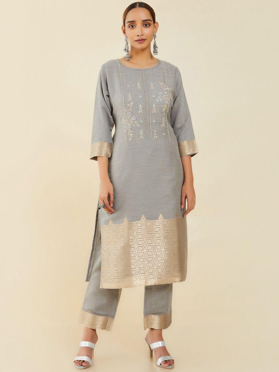 soch women grey ethnic motifs embroidered chanderi cotton kurta with trousers
