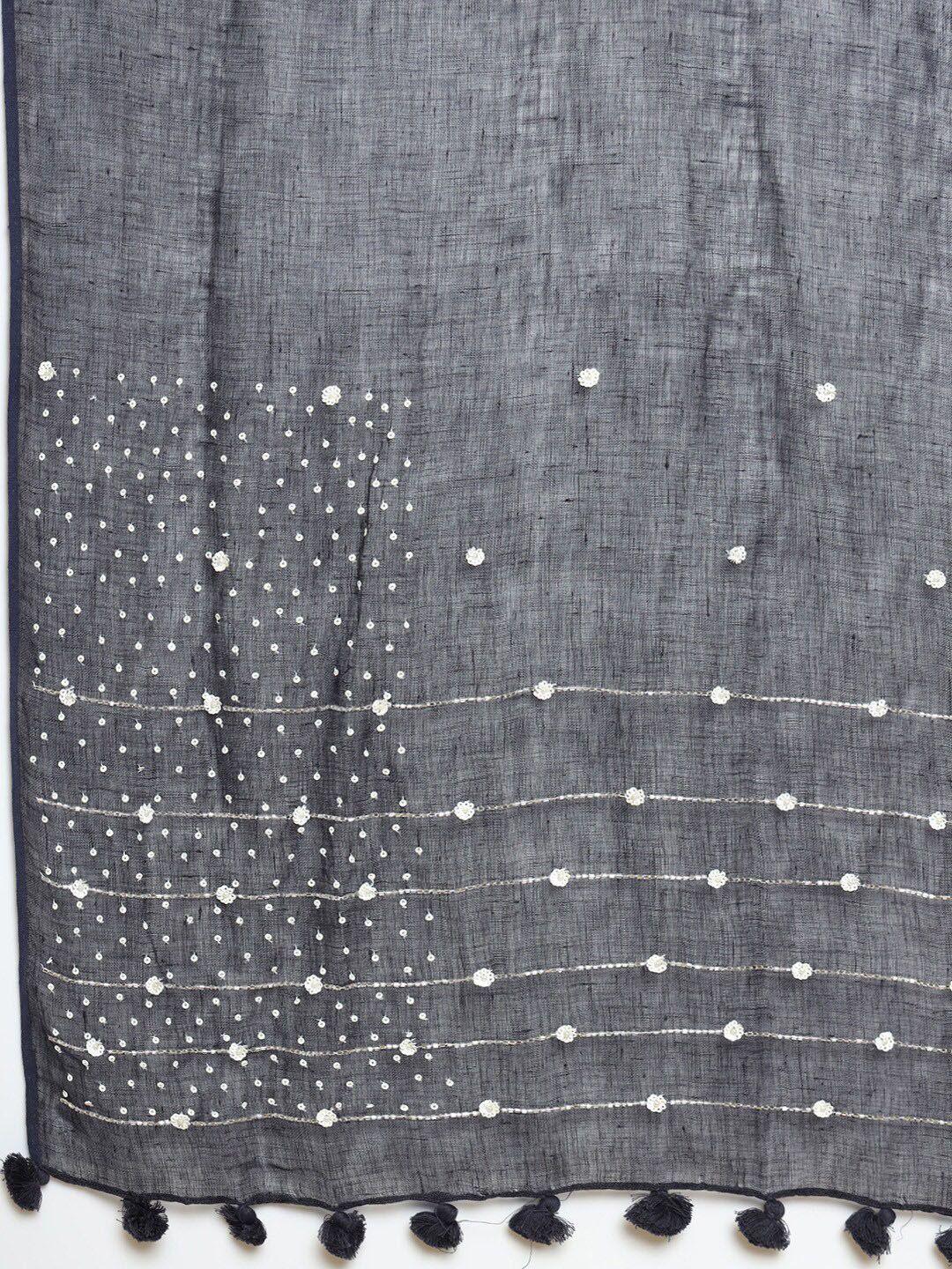 soch women grey striped linen dupatta with thread work
