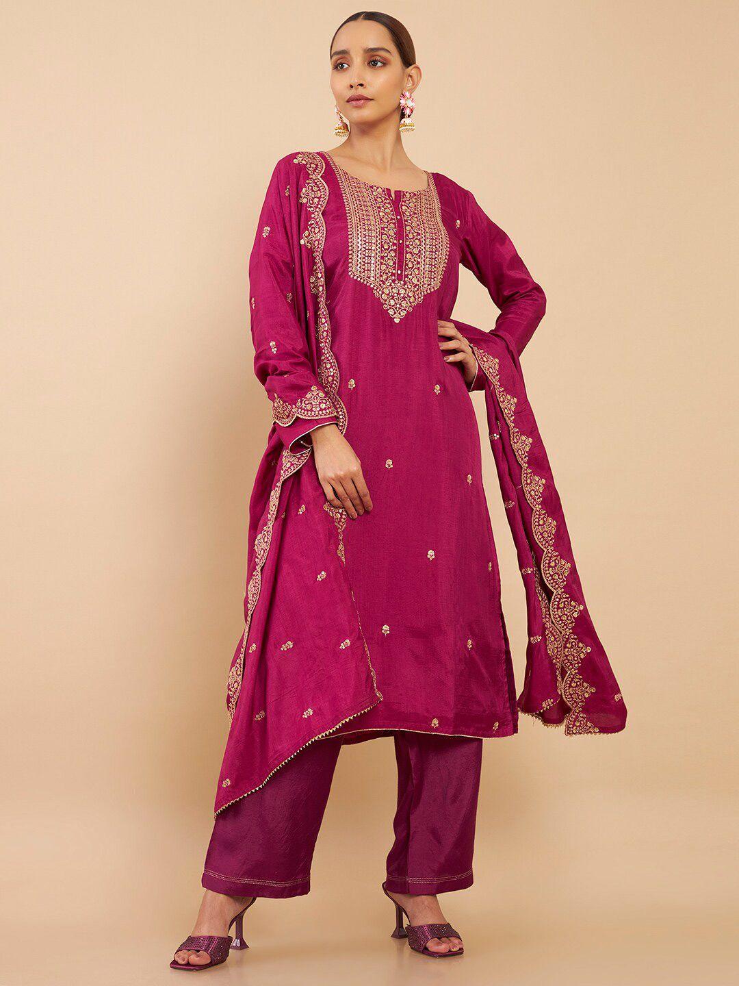 soch women maroon & gold-toned embroidered art silk unstitched dress material