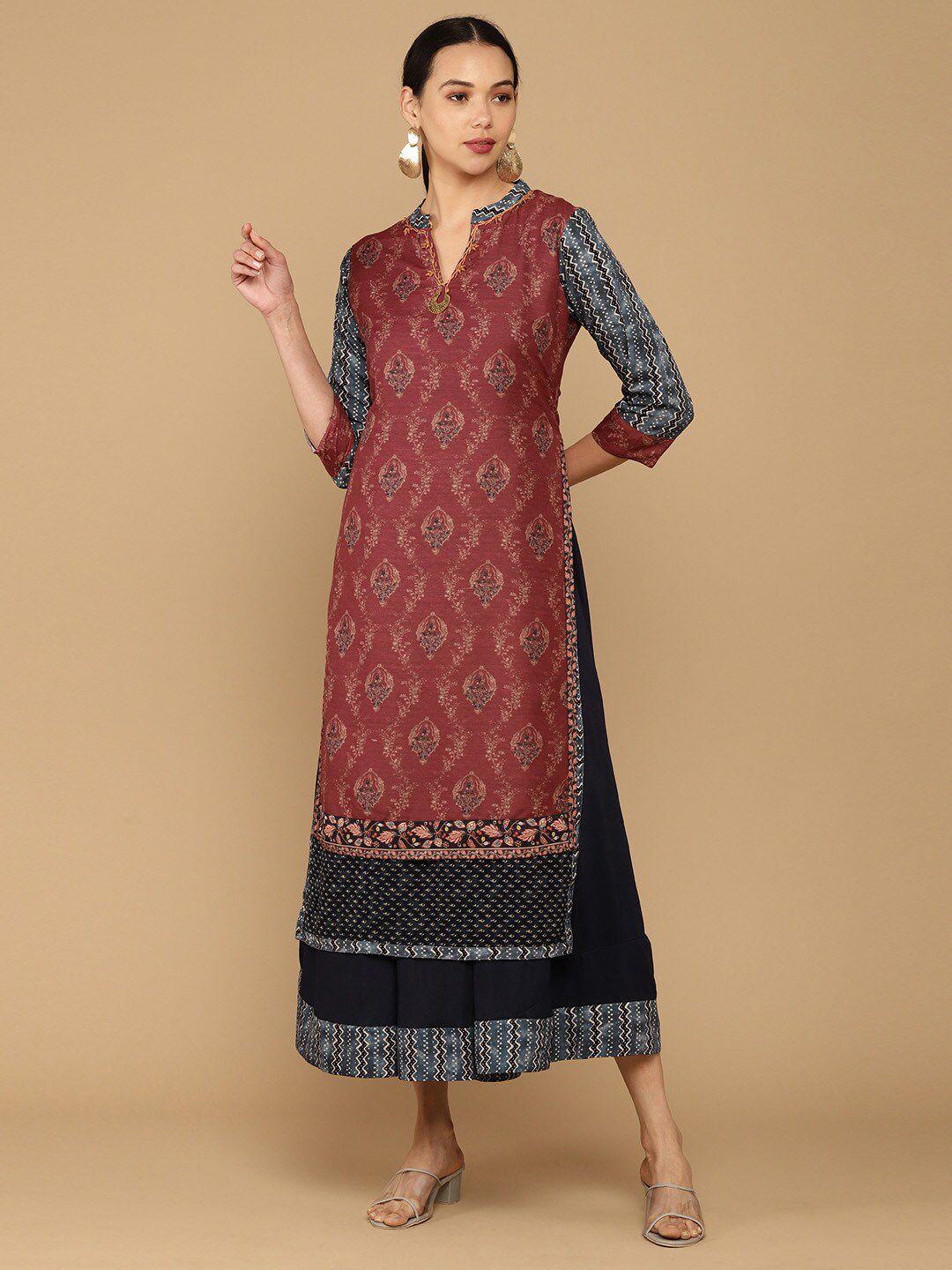 soch women maroon & navy blue ethnic motifs layered kurta