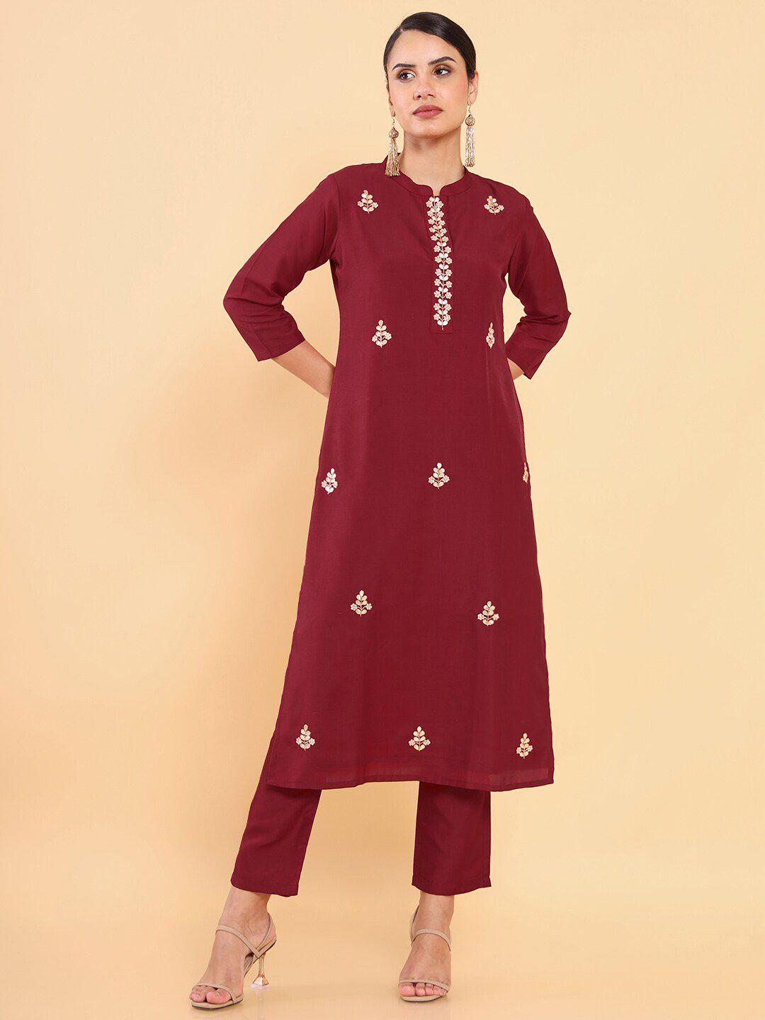 soch women maroon floral printed thread work kurta with trousers