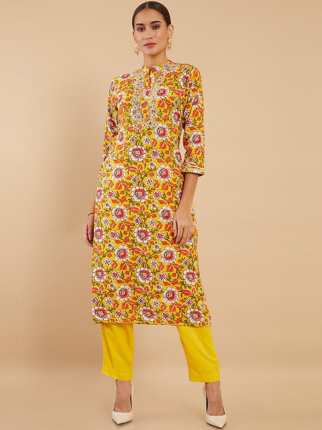 soch women mustard yellow floral printed chanderi silk kurta with trousers