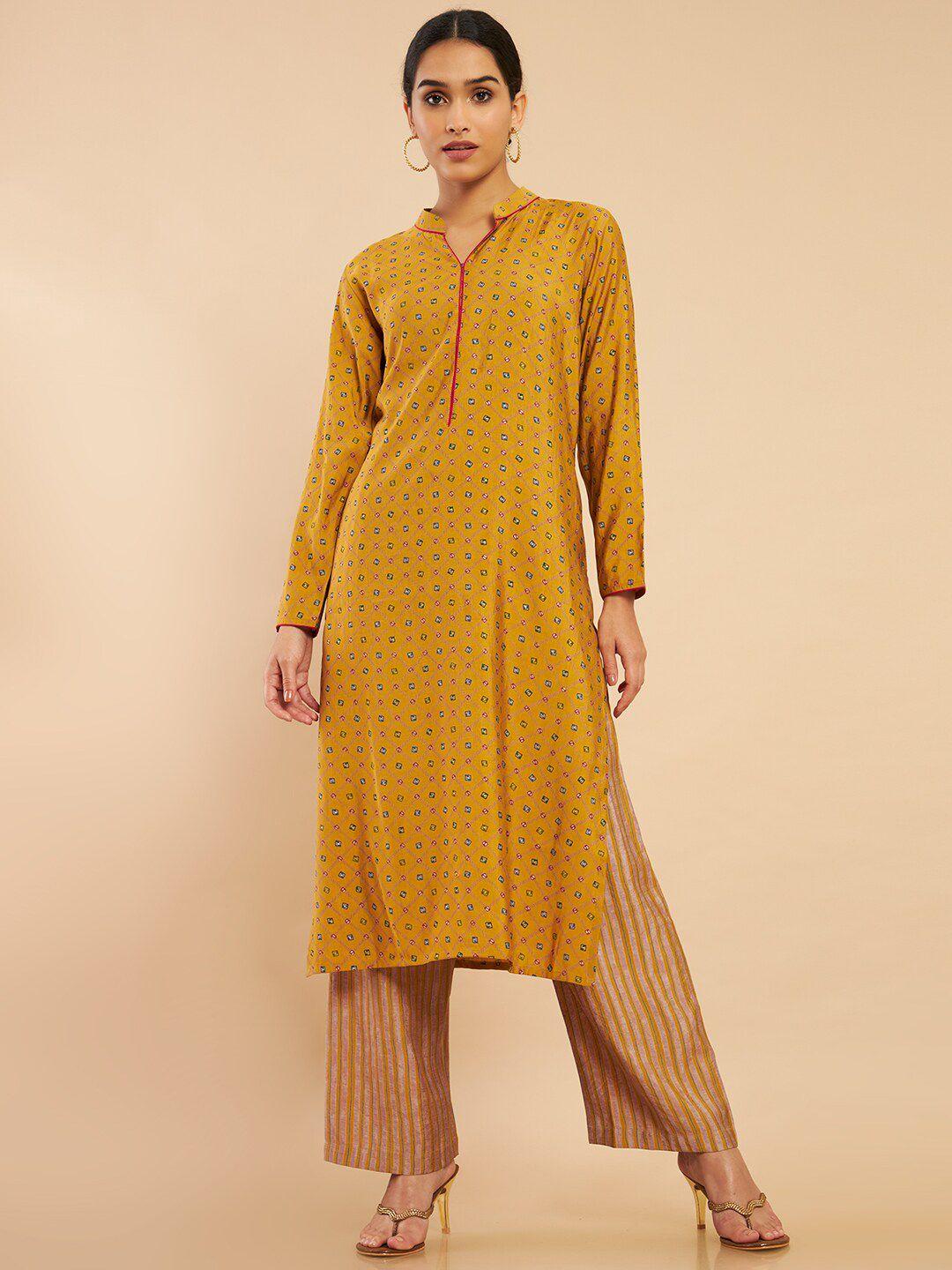soch women mustard yellow printed pure cotton kurta with trousers