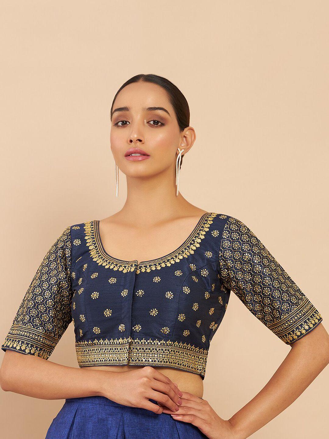 soch women navy blue & gold embroidered saree blouse