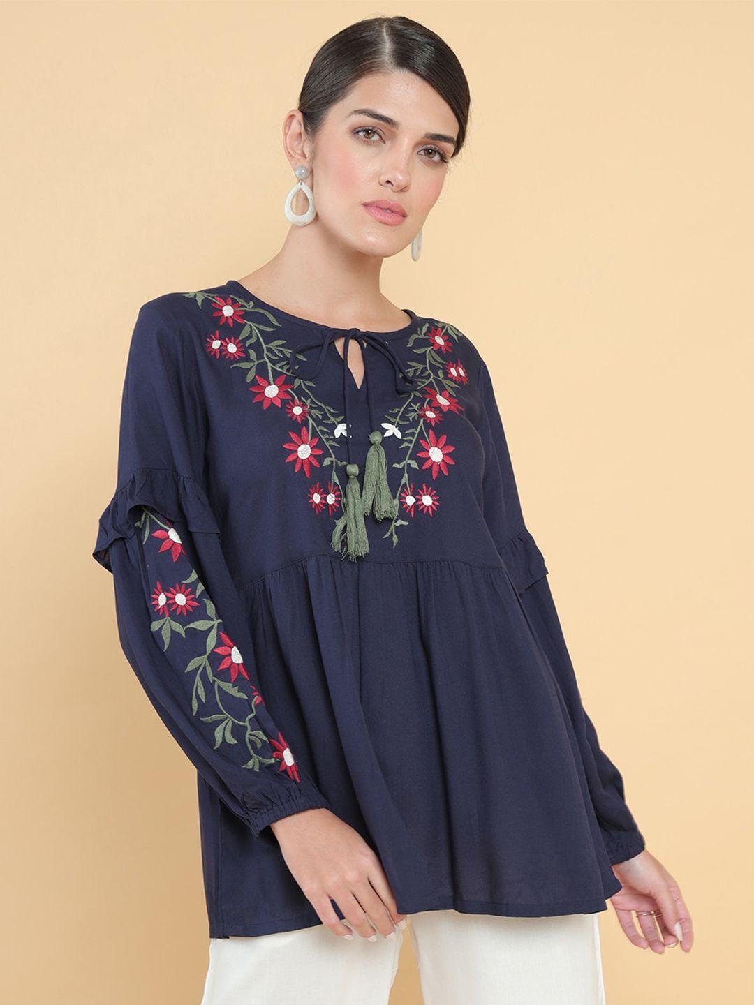 soch women navy blue embroidered tunic