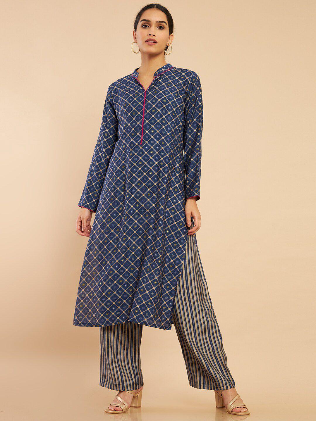 soch women navy blue striped panelled mukaish pure cotton kurta with trousers