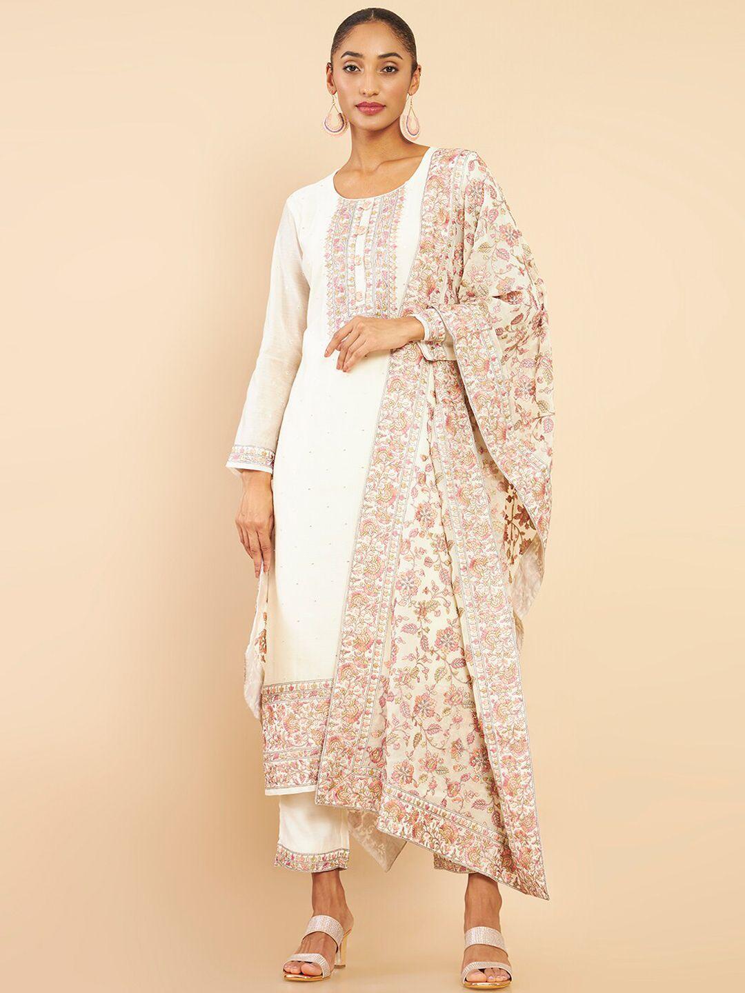 soch women off white floral embroidered kurta with trousers & with dupatta
