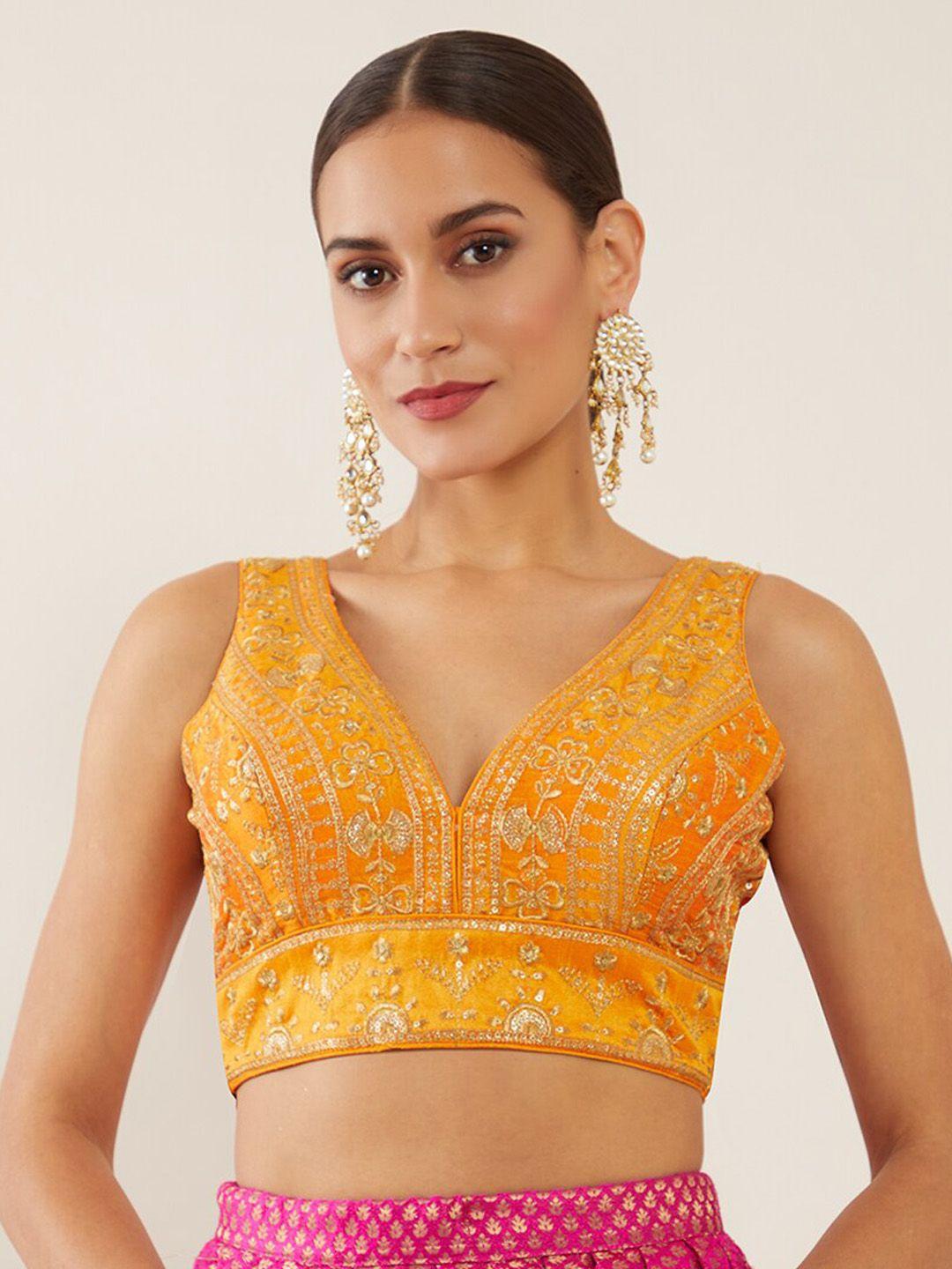 soch women orange & gold-coloured embroidered saree blouse