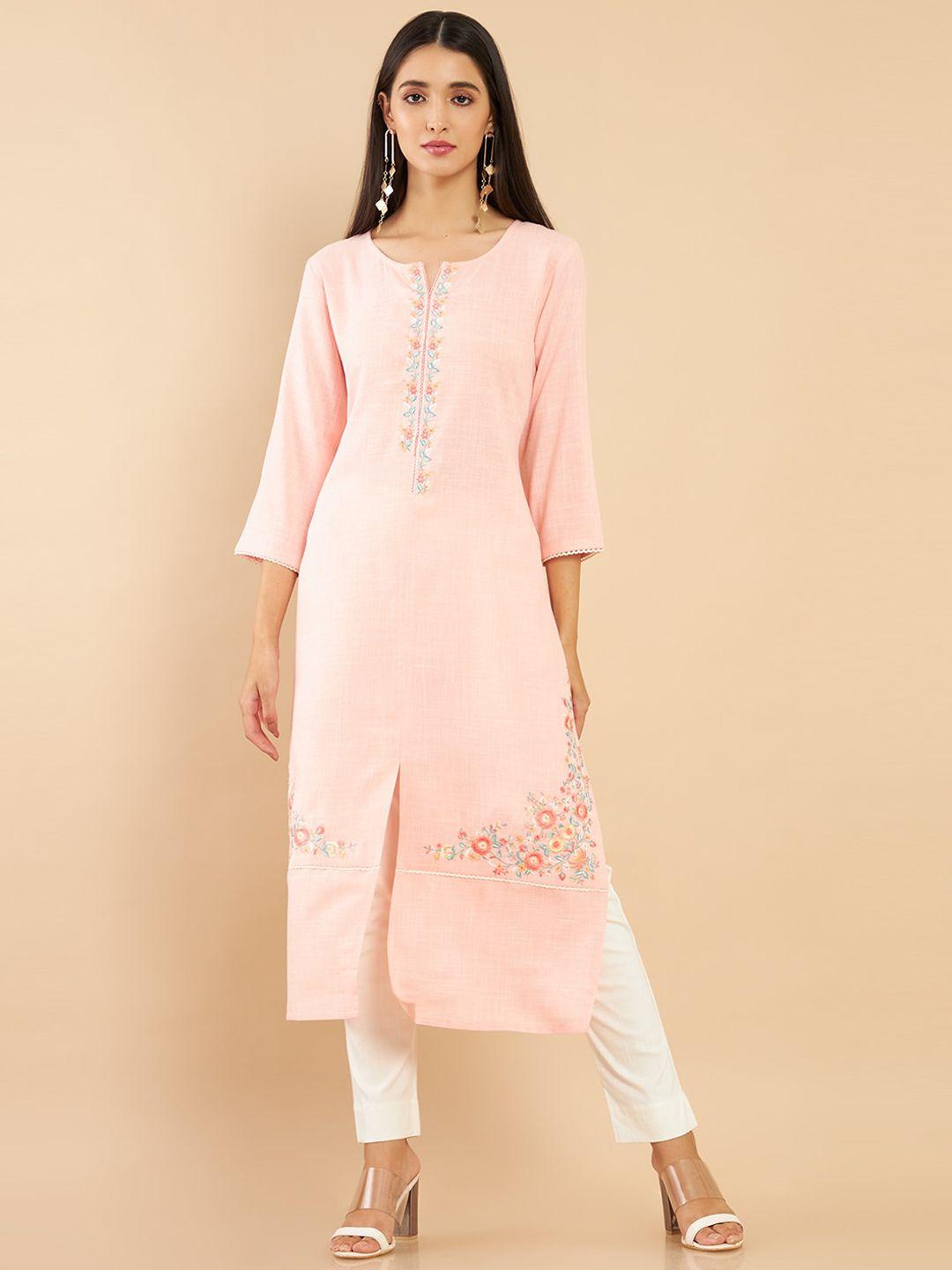 soch women peach floral embroidered straight fit kurta