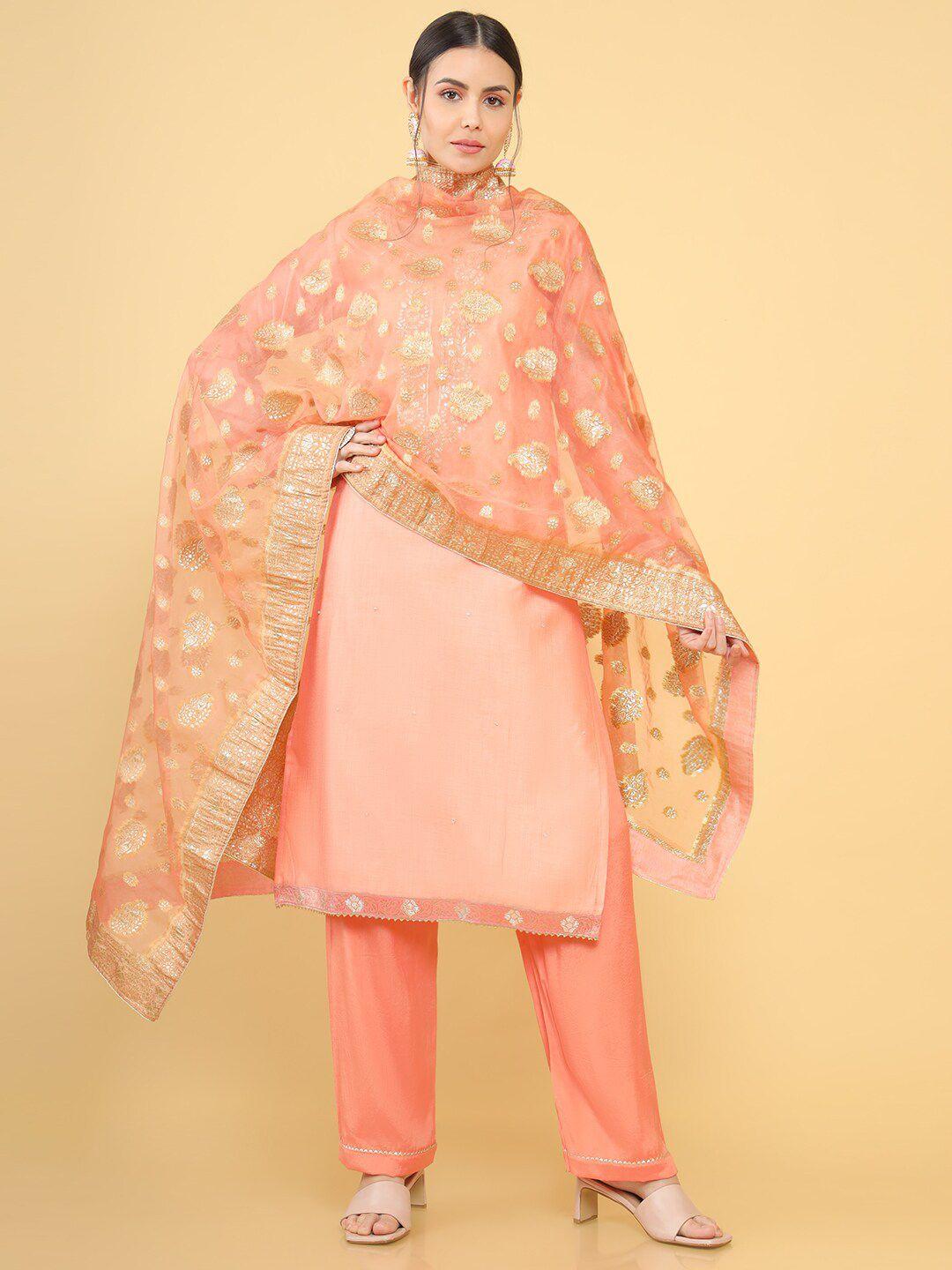 soch women pink & gold-toned pure silk unstitched dress material