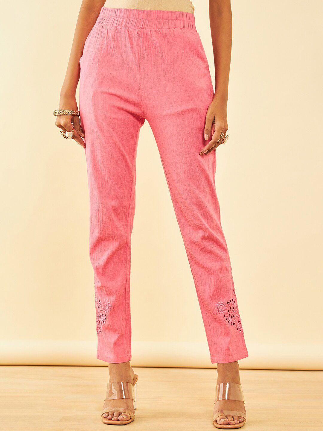 soch women pink embroidered trousers