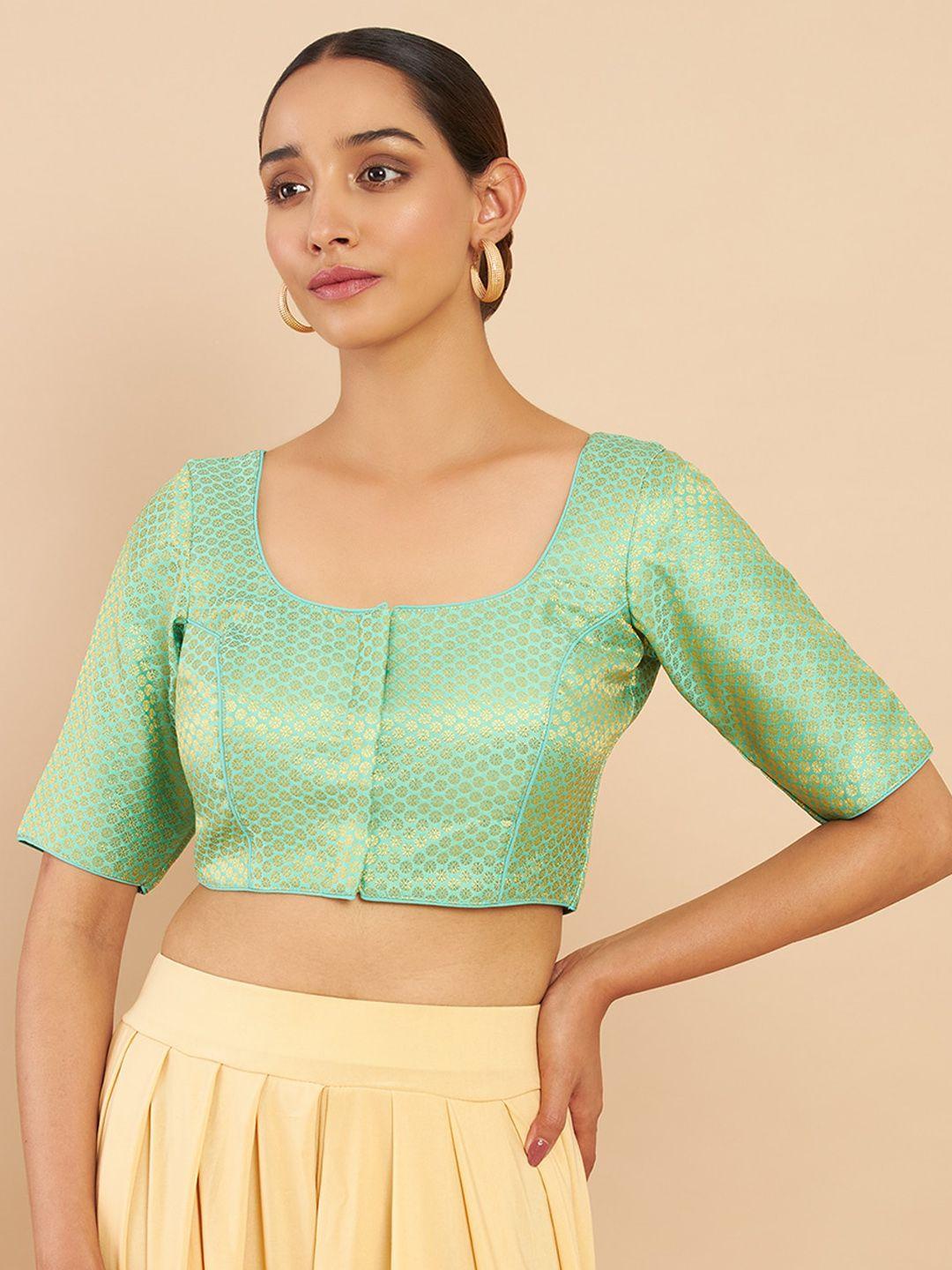 soch women pista green & golden printed  silk saree blouse
