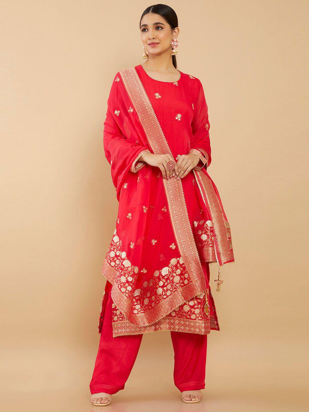 soch women red & gold-toned printed organza unstitched dress material