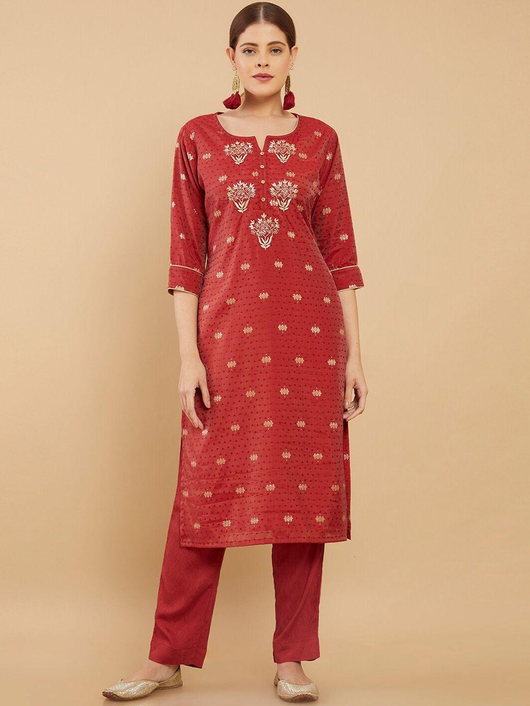 soch women red floral thread work chanderi cotton kurta with trousers