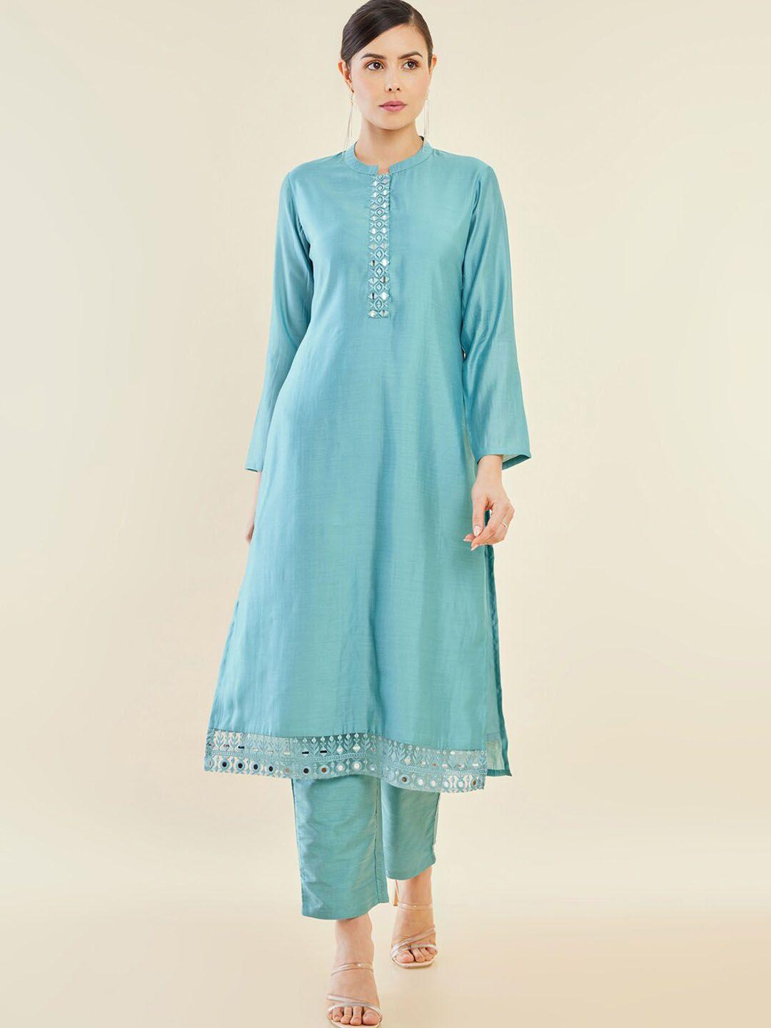 soch women turquoise blue embroidered regular mirror work kurta with trousers