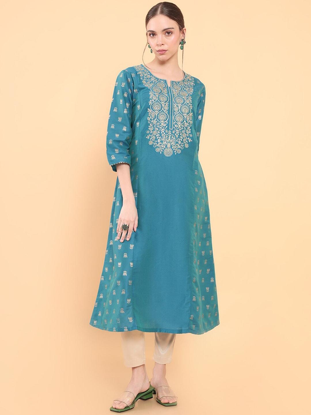 soch women turquoise blue ethnic motifs embroidered kurta