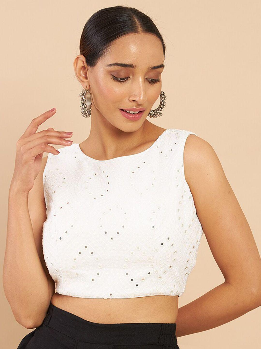 soch women white embroidered & mirror work saree blouse