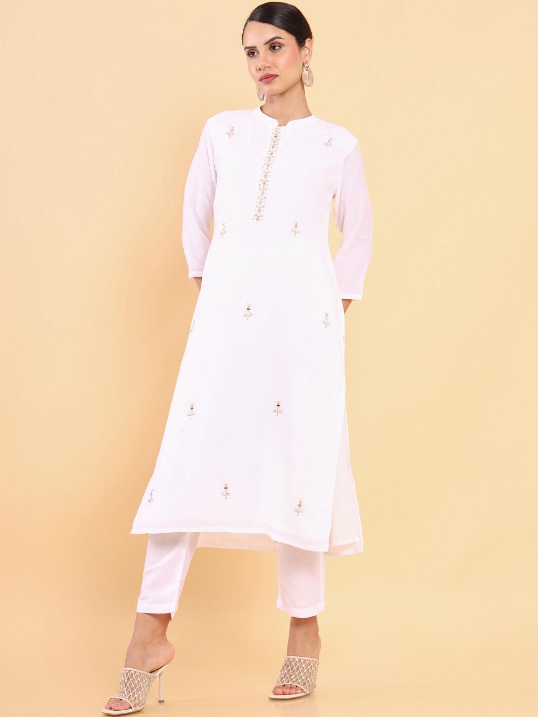 soch women white floral printed beads and stones kurta with trousers