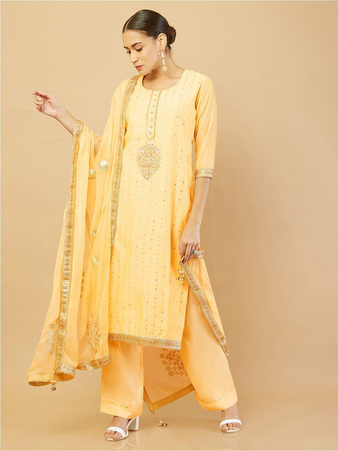 soch women yellow & gold embroidered unstitched dress material