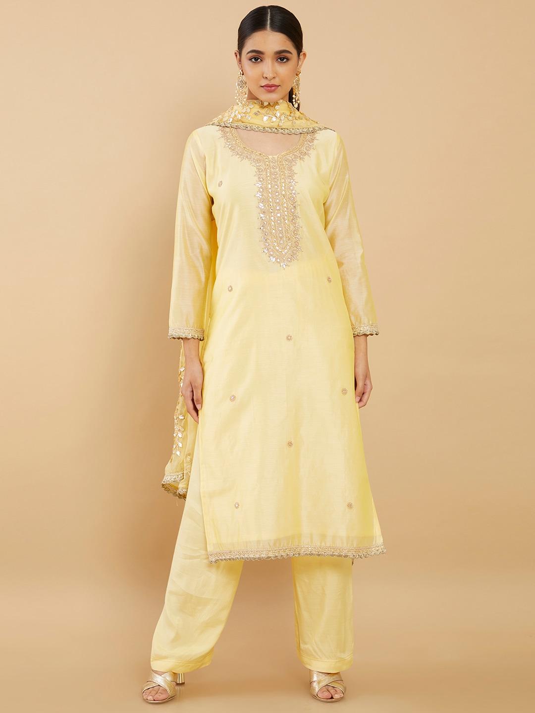 soch women yellow & gold-toned embroidered pure silk unstitched dress material