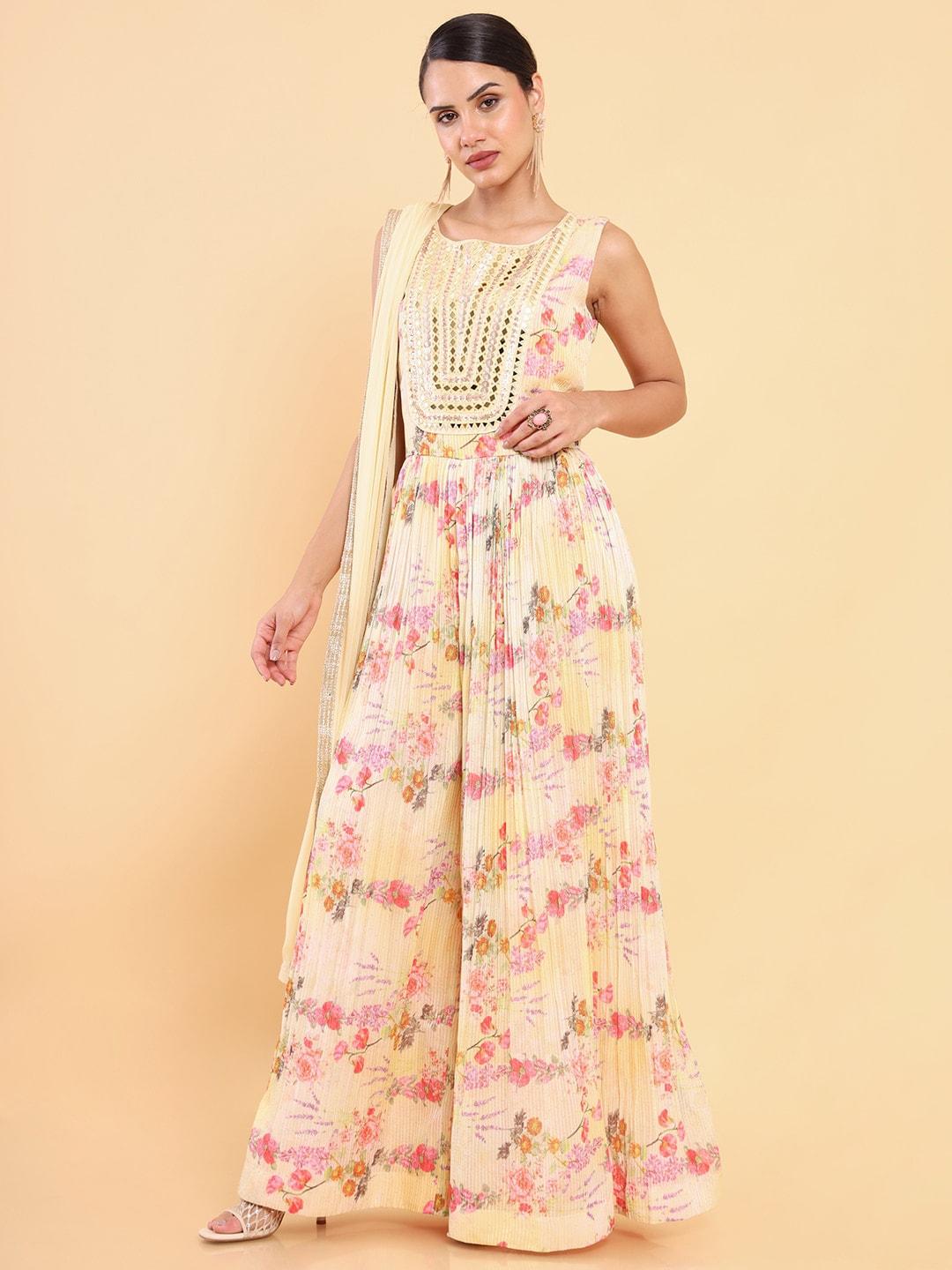 soch women yellow & pink printed basic jumpsuit with embroidered with dupatta