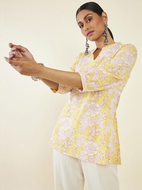 soch yellow & white cotton floral print tunic