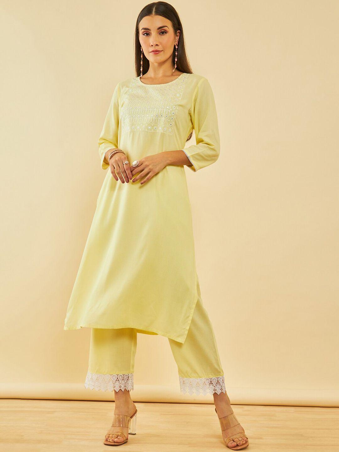 soch yellow & white yoke design embroidered straight kurta with palazzos
