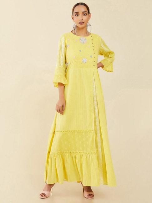 soch yellow cotton embellished a-line dress