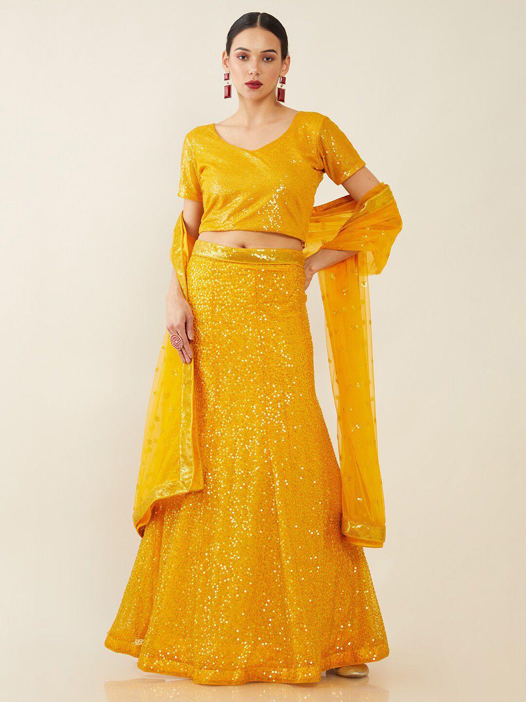 soch yellow embellished unstitched lehenga & blouse with dupatta