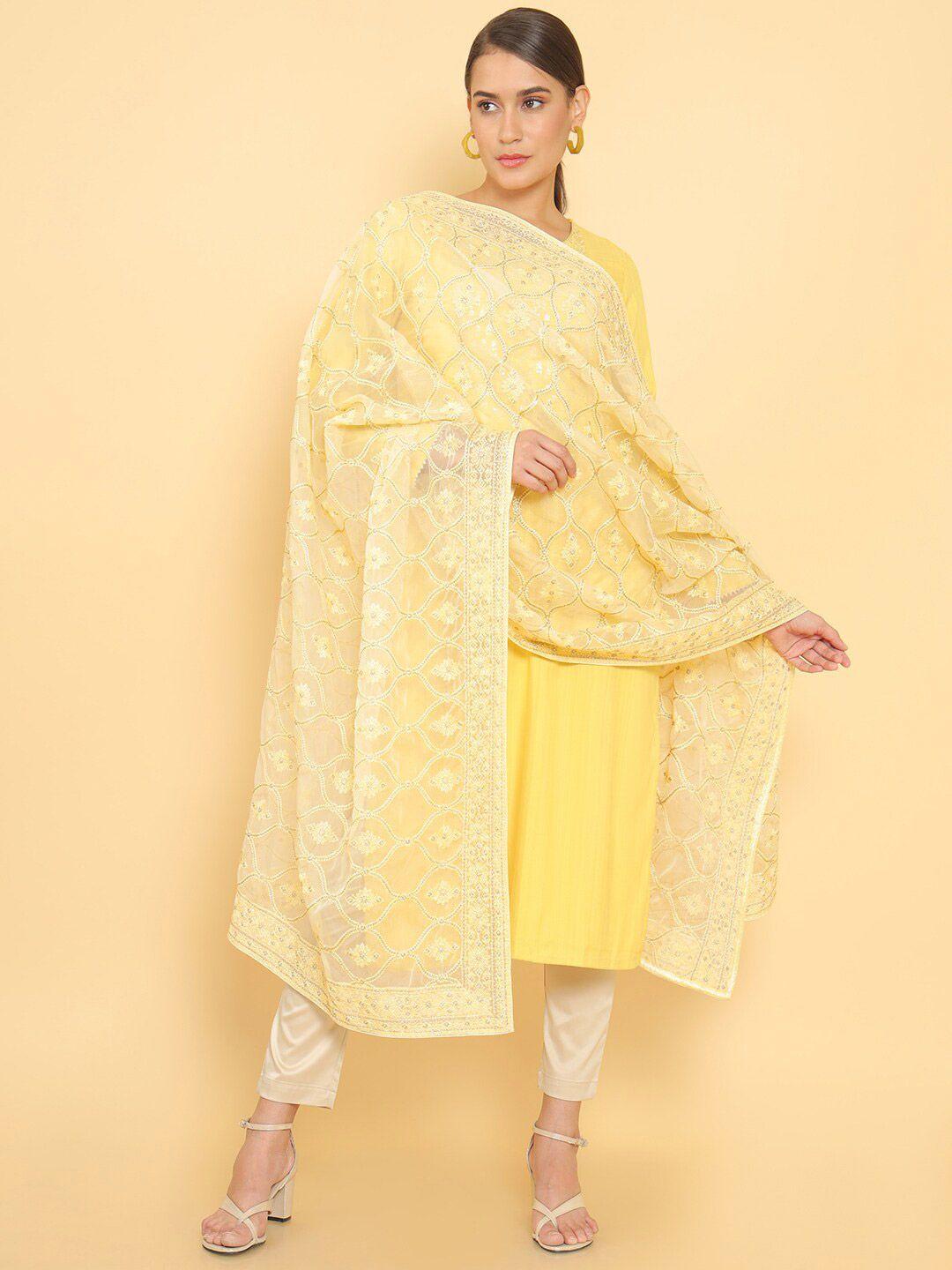 soch yellow embroidered organza dupatta with thread work