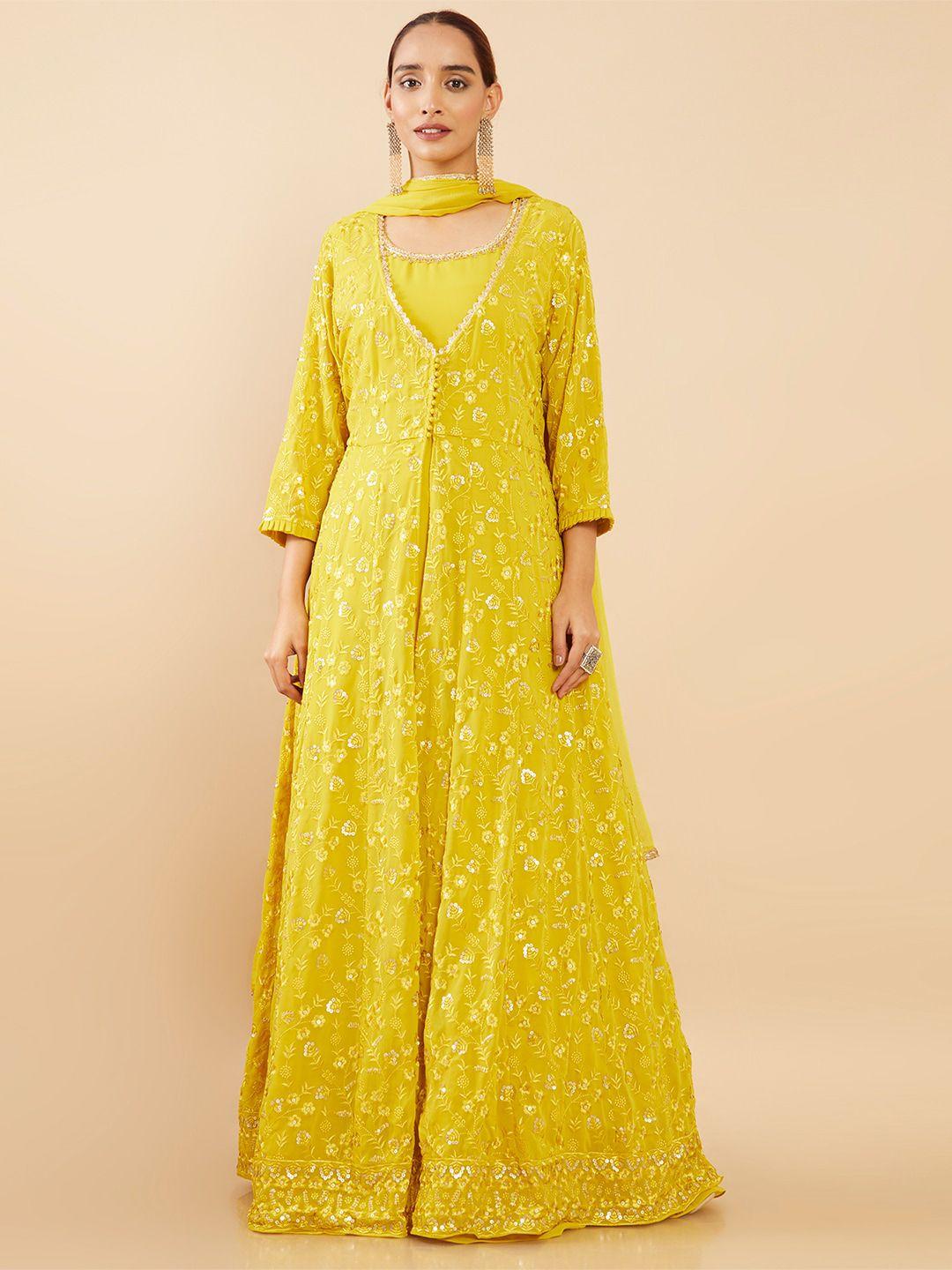 soch yellow floral embroidered georgette ethnic maxi dress with pant & dupatta
