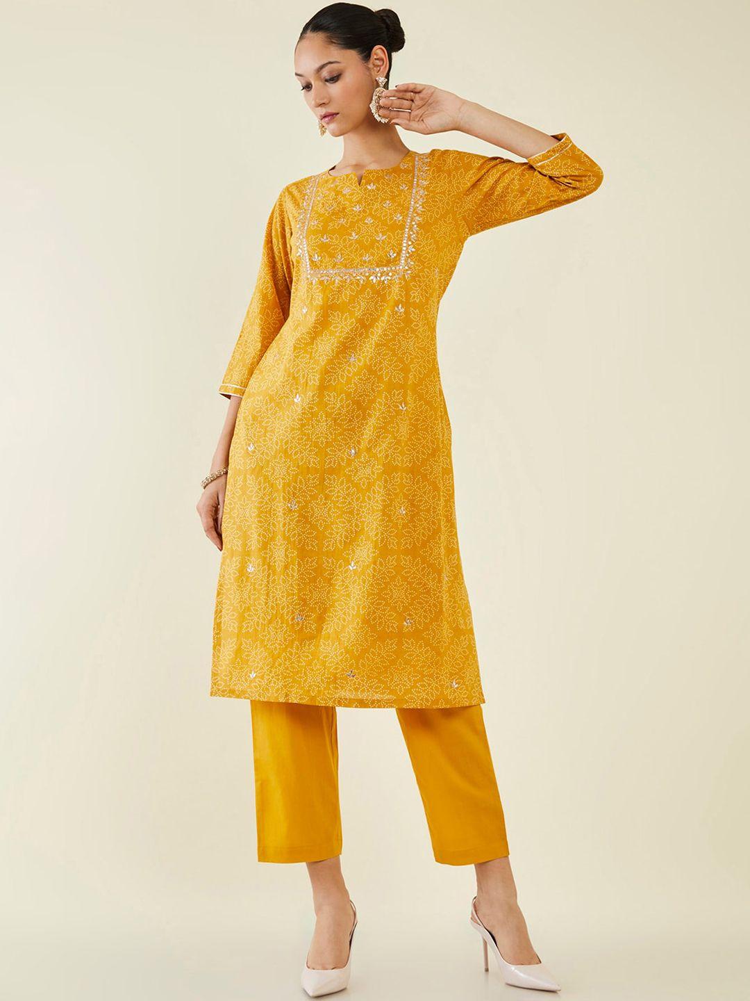 soch  notch neck bandhani printed gotta patti pure cotton kurta with trousers