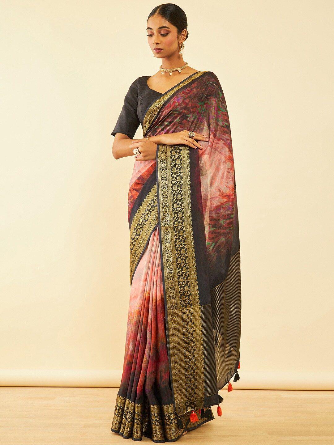 soch abstract print saree with tassels with tassels