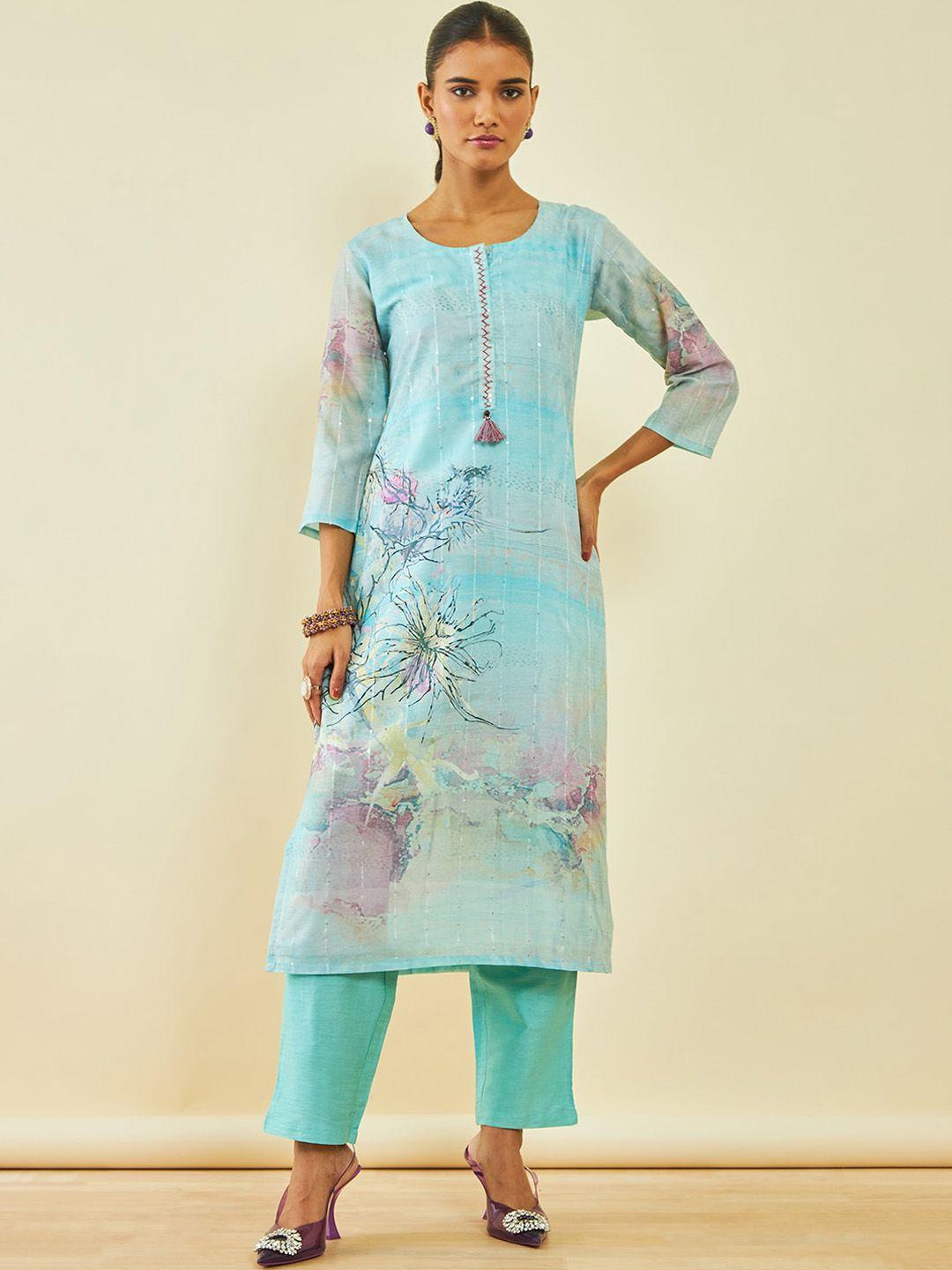 soch abstract printed sequinned straight kurta & trousers with dupatta