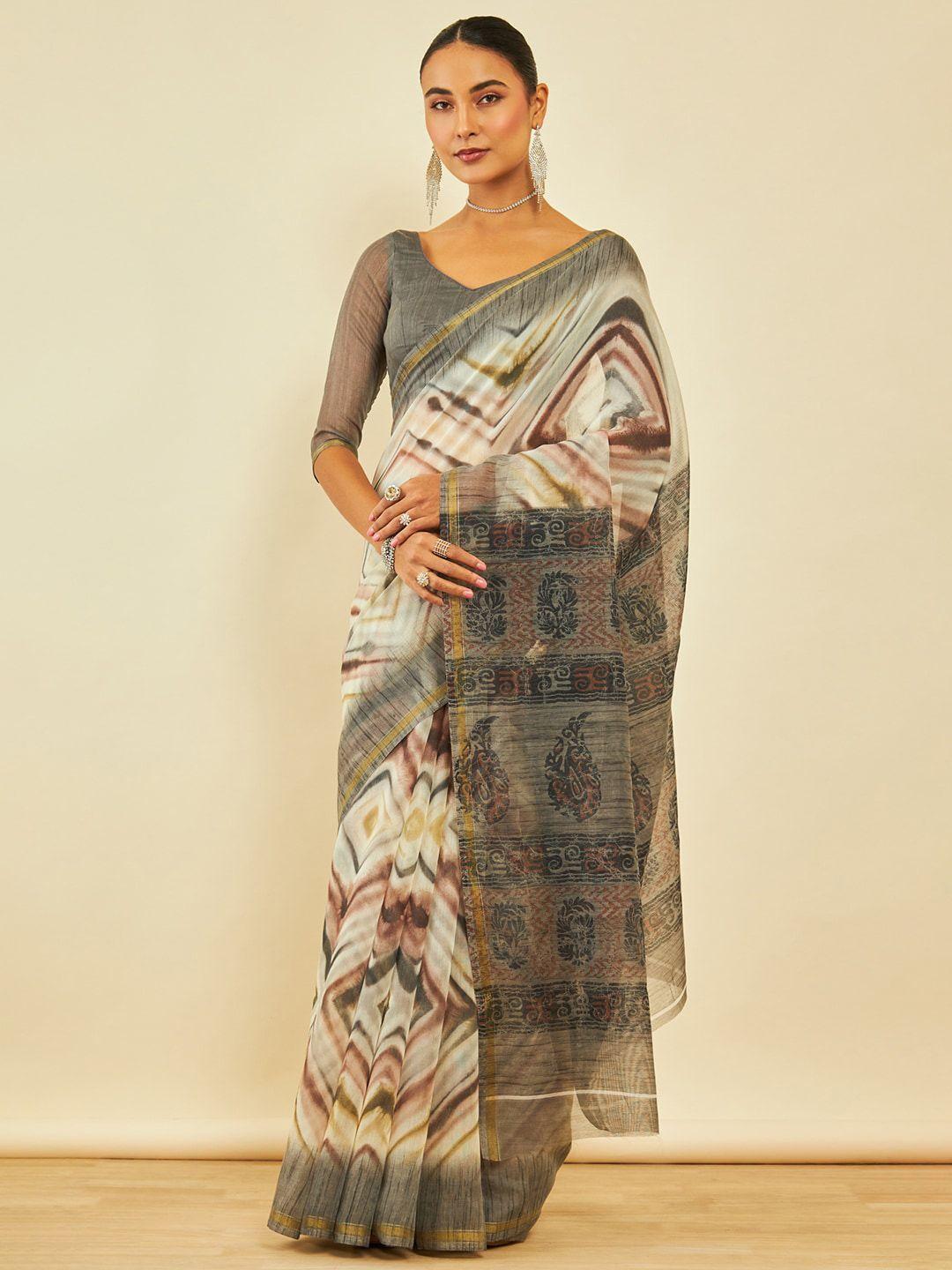 soch abstract printed zari chanderi saree