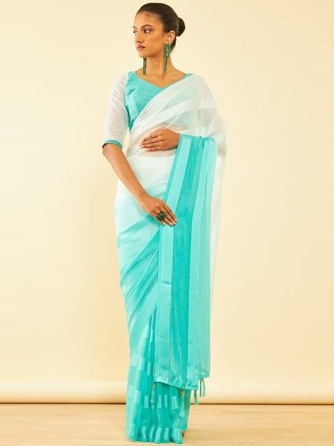 soch aqua blue striped saree with unstitched blouse