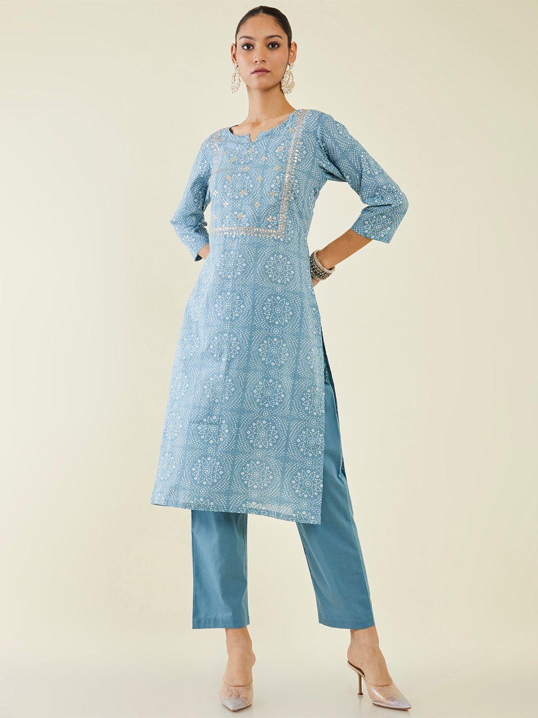 soch bandhani printed beads & stones pure cotton kurta with trousers