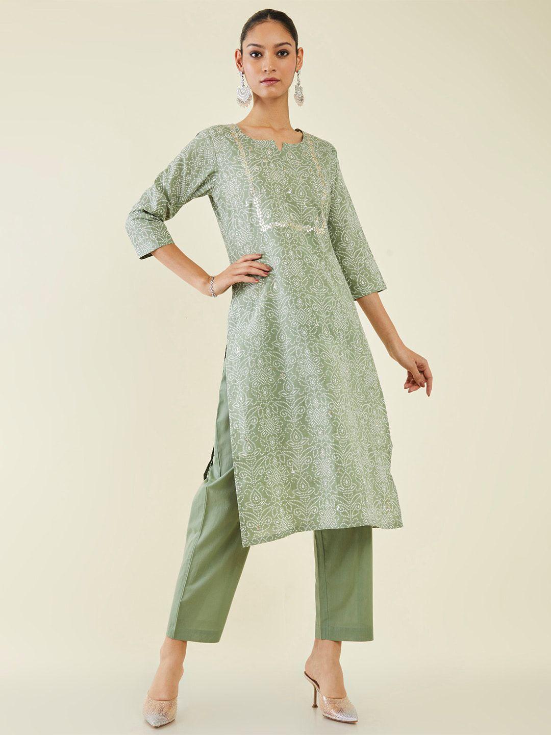 soch bandhani printed beads & stones pure cotton kurta with trousers