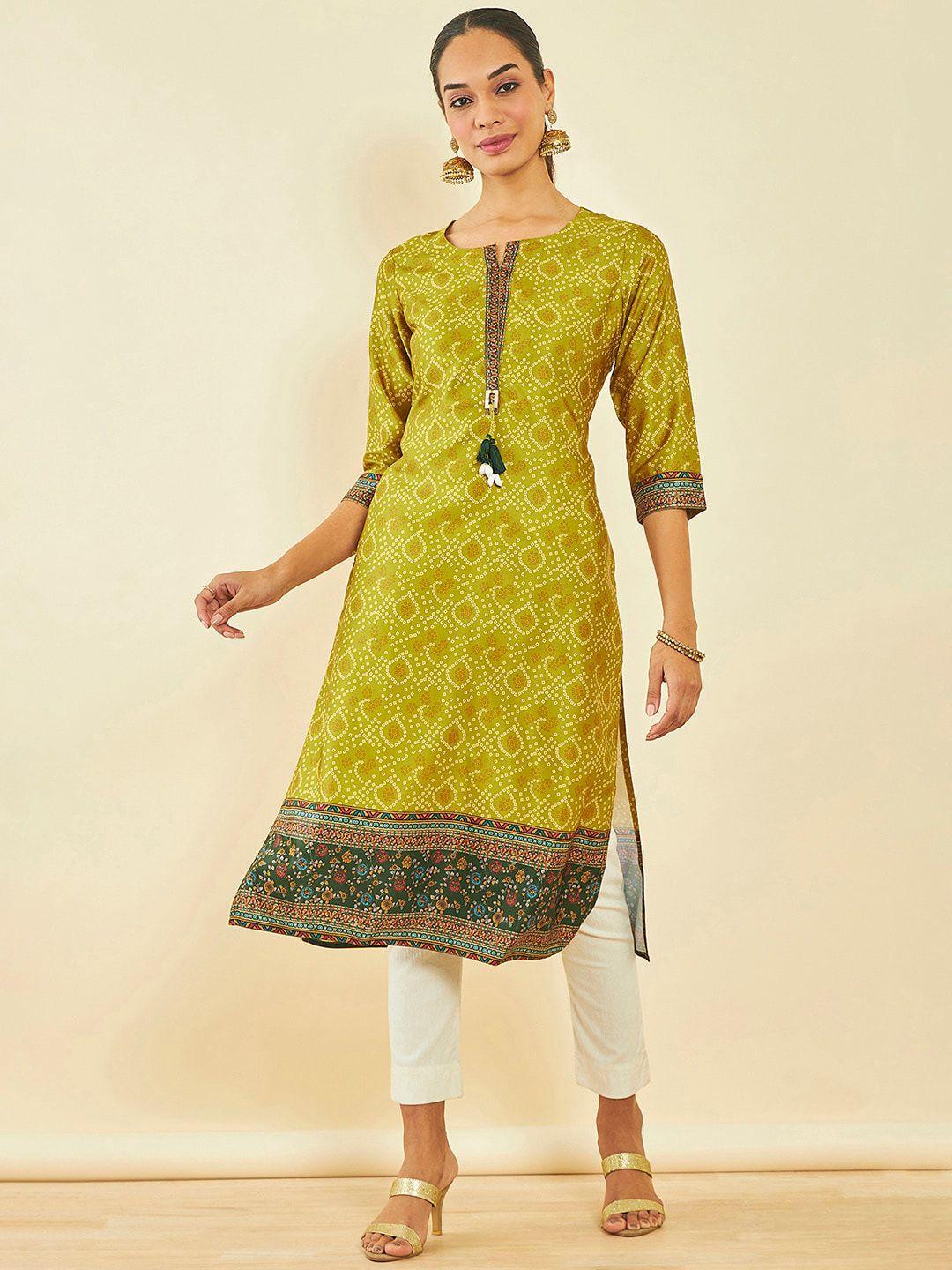 soch bandhani printed notched round neck satin kurta