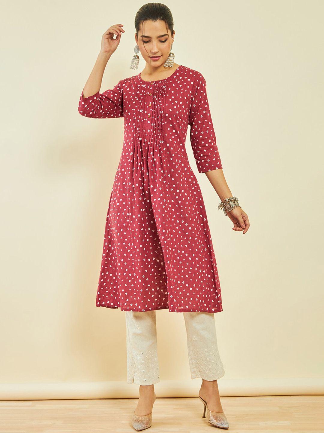 soch bandhani printed round neck cotton pleated anarkali kurta