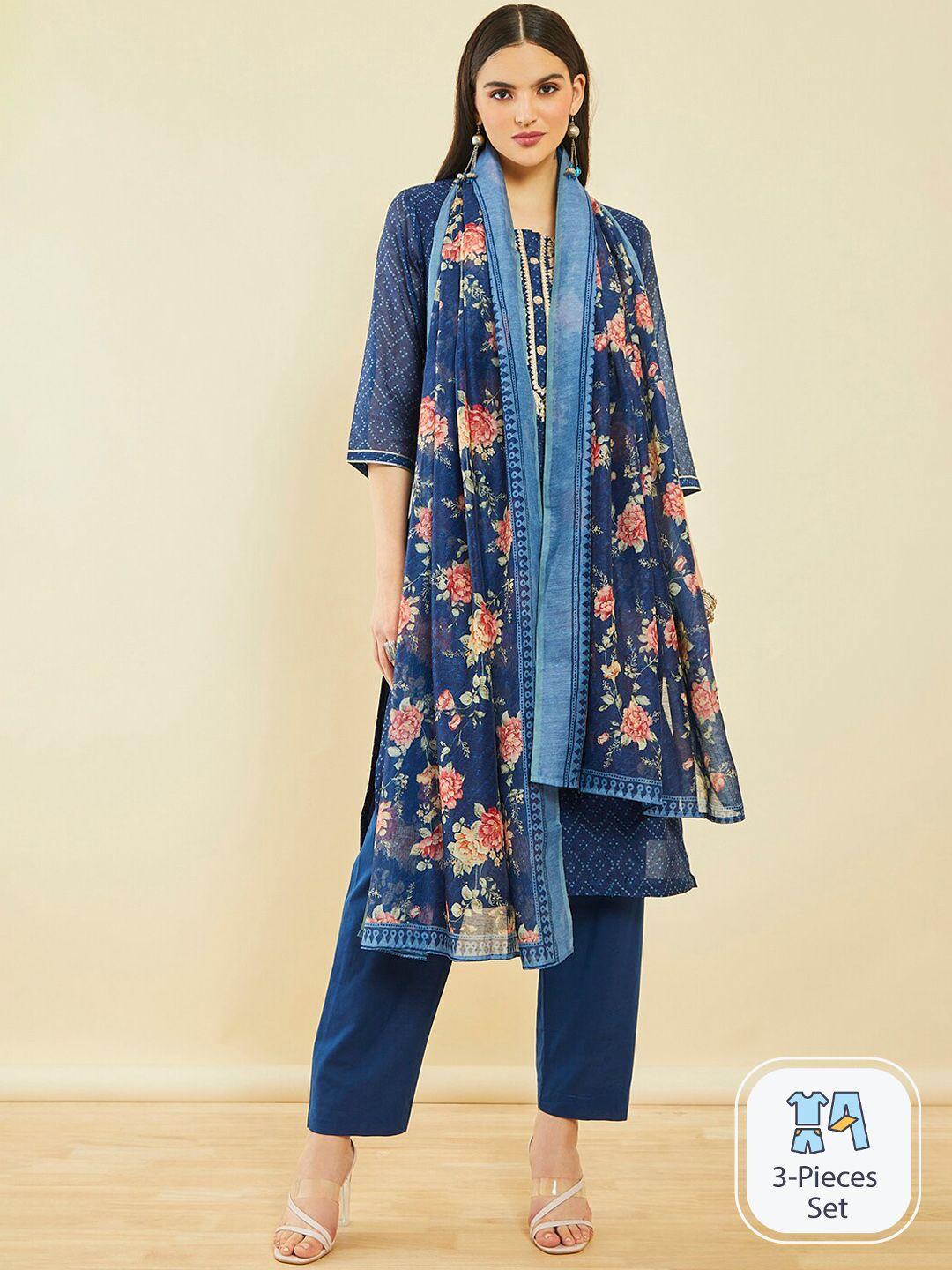 soch bandhani printed straight kurta & trousers with dupatta