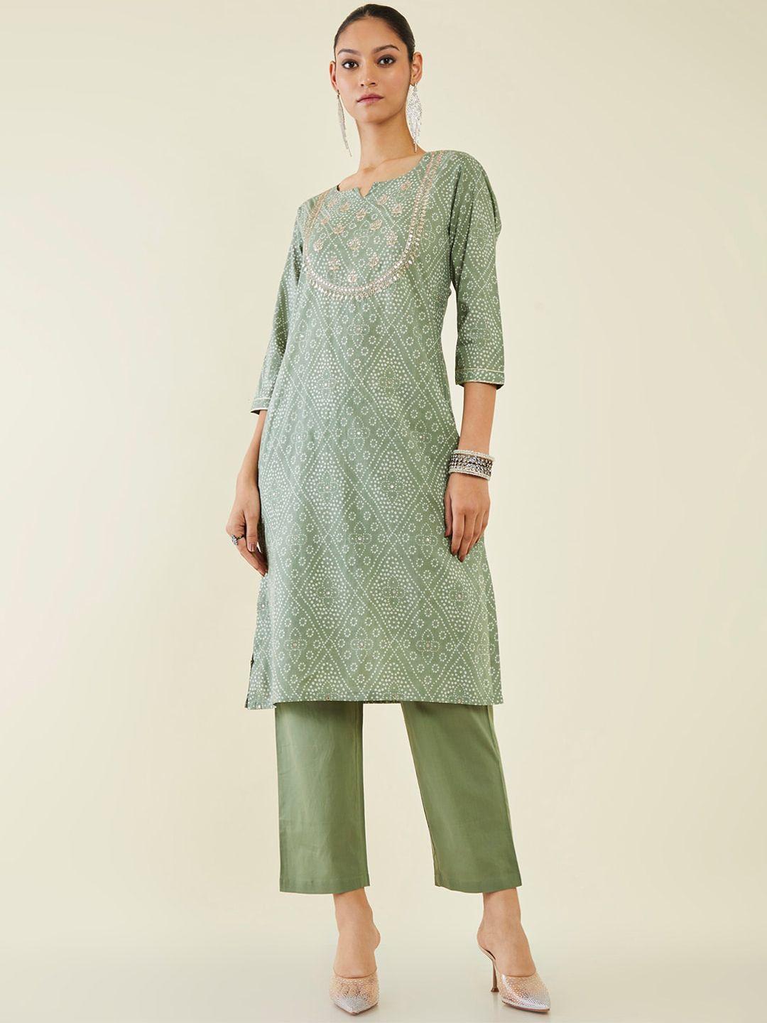 soch bandhani printed thread work pure cotton kurta with trousers