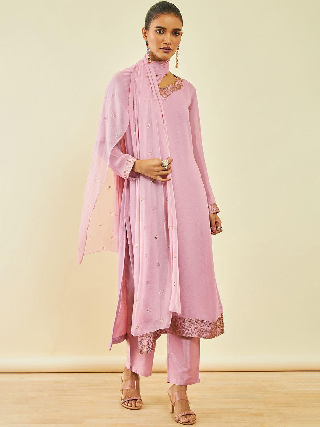soch beads and stones georgette straight kurta with trousers & dupatta