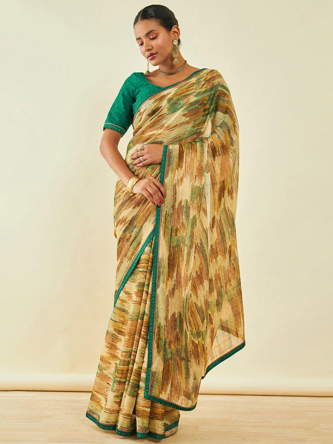 soch beige & green beads and stones poly chiffon saree