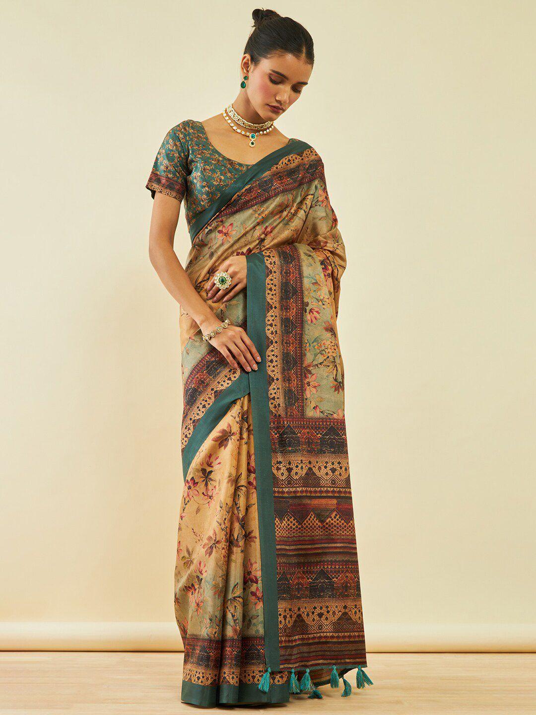 soch beige & green floral art silk saree